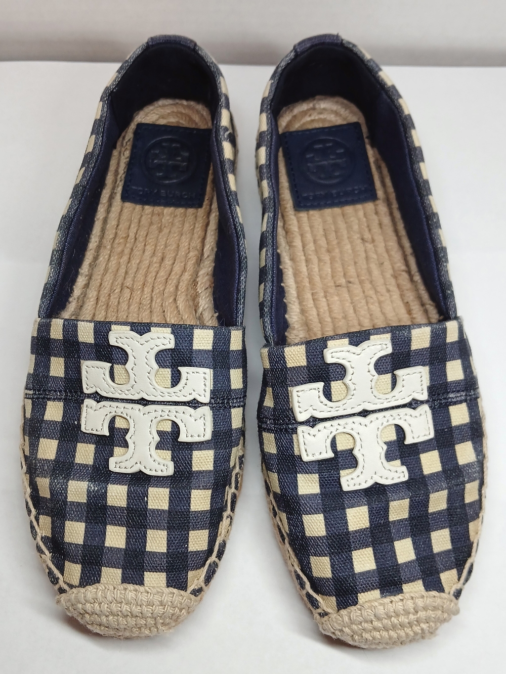 Tory Burch Gingham Check Espadrille Flats Navy Blue Size 5.5 Double T Logo